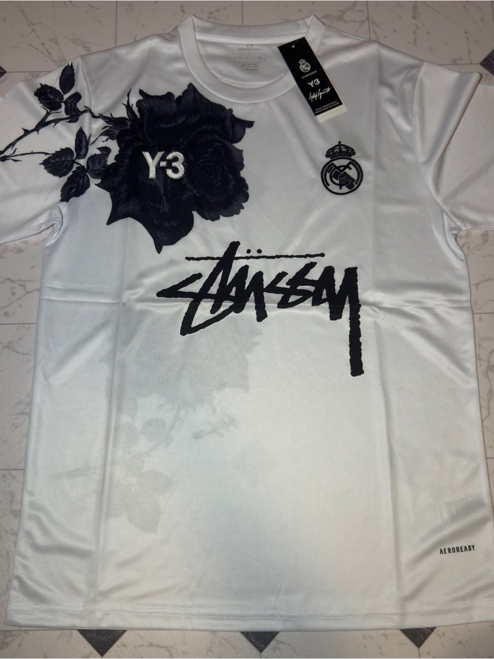 Y-3 Stüssy Real Madrid Jersey White Black Rose Size M NWT